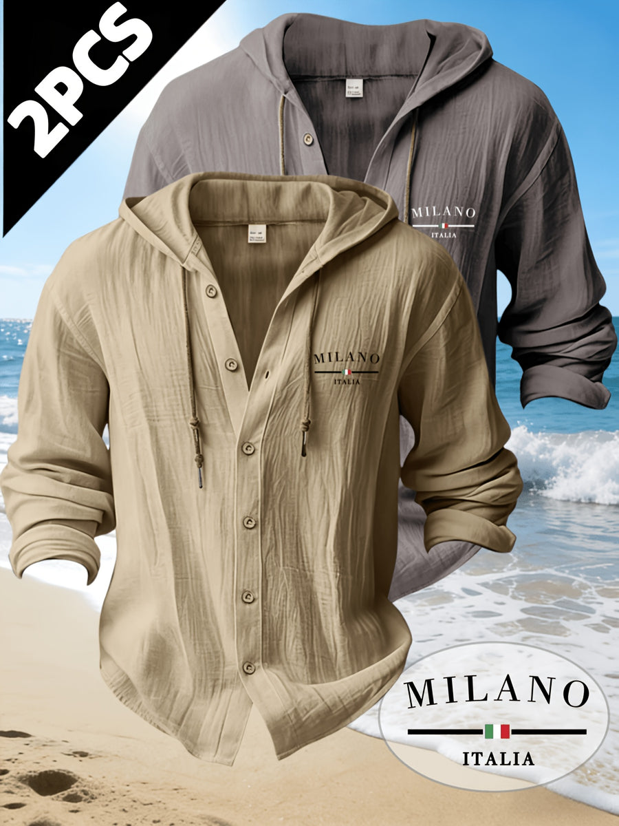 Zhiyu OBM 2pcs Men's Fashion Casual Beach Style Hooded Long Sleeve Open Front Cardigan | High-End Skin-Friendly Soft Shirt | 100% | Essential Golf Beach Polo Outfit | Breathable and Lightweight | for Indoor Gatherings and Outdoor Sports | Wardrobe - Apricot+Grey