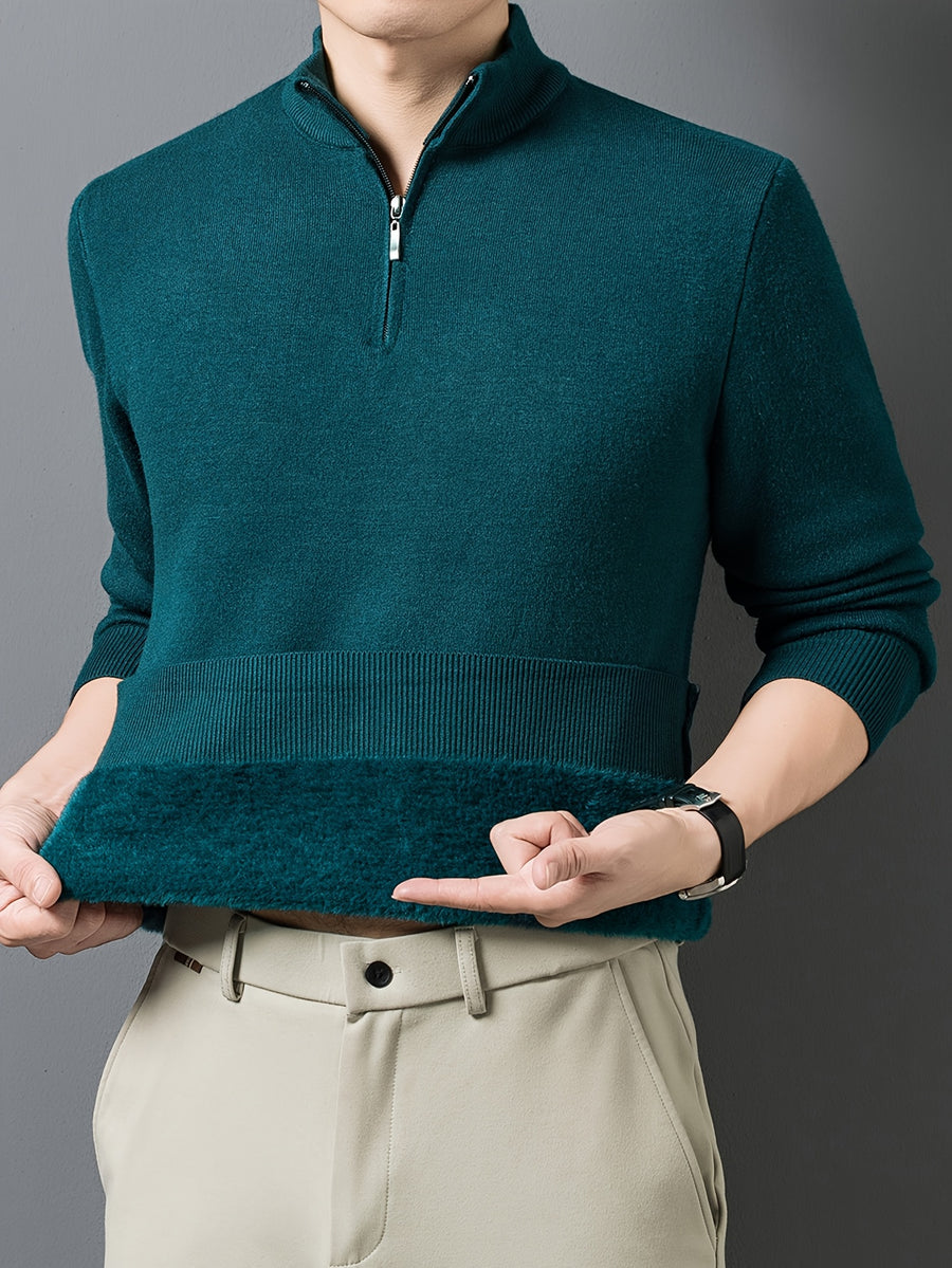 1pc Men'S Solid Color Small Stand Collar Knit Pullover Autumn Winter Zipper Casual Fleece Warm Top - Dark Green