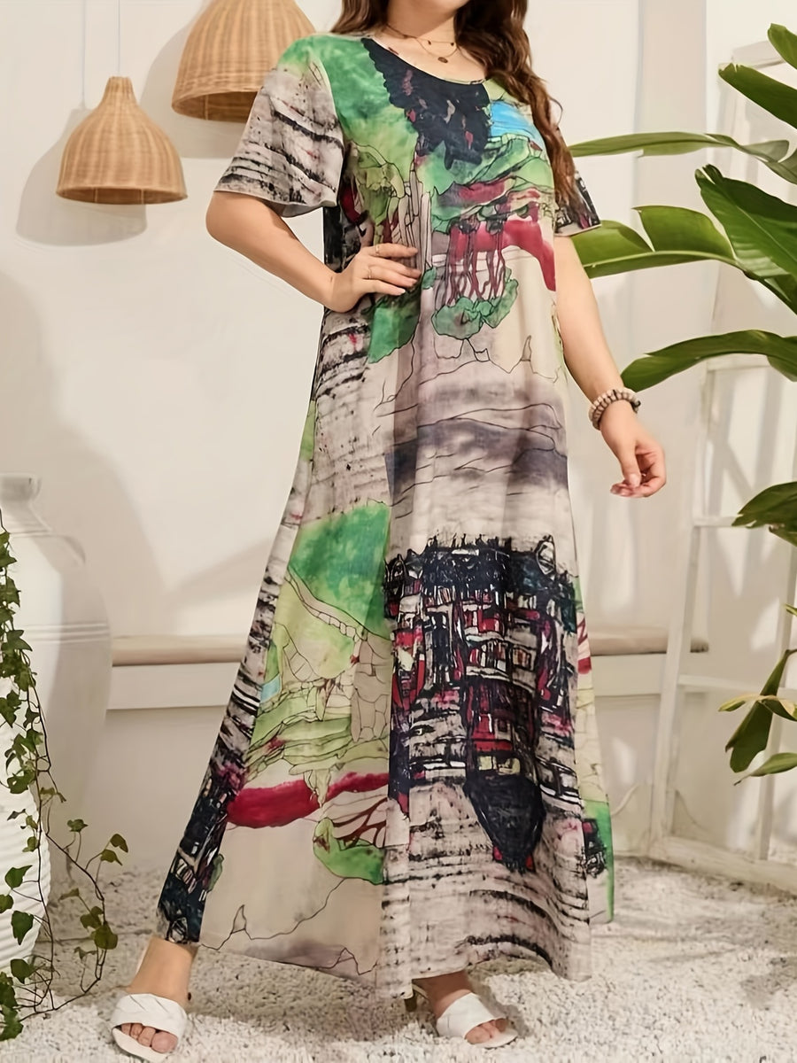 Casual Abstract Ink Wash Print Dress, Round Neck Short Sleeve Loose Fit Long Dress - Mixed colors