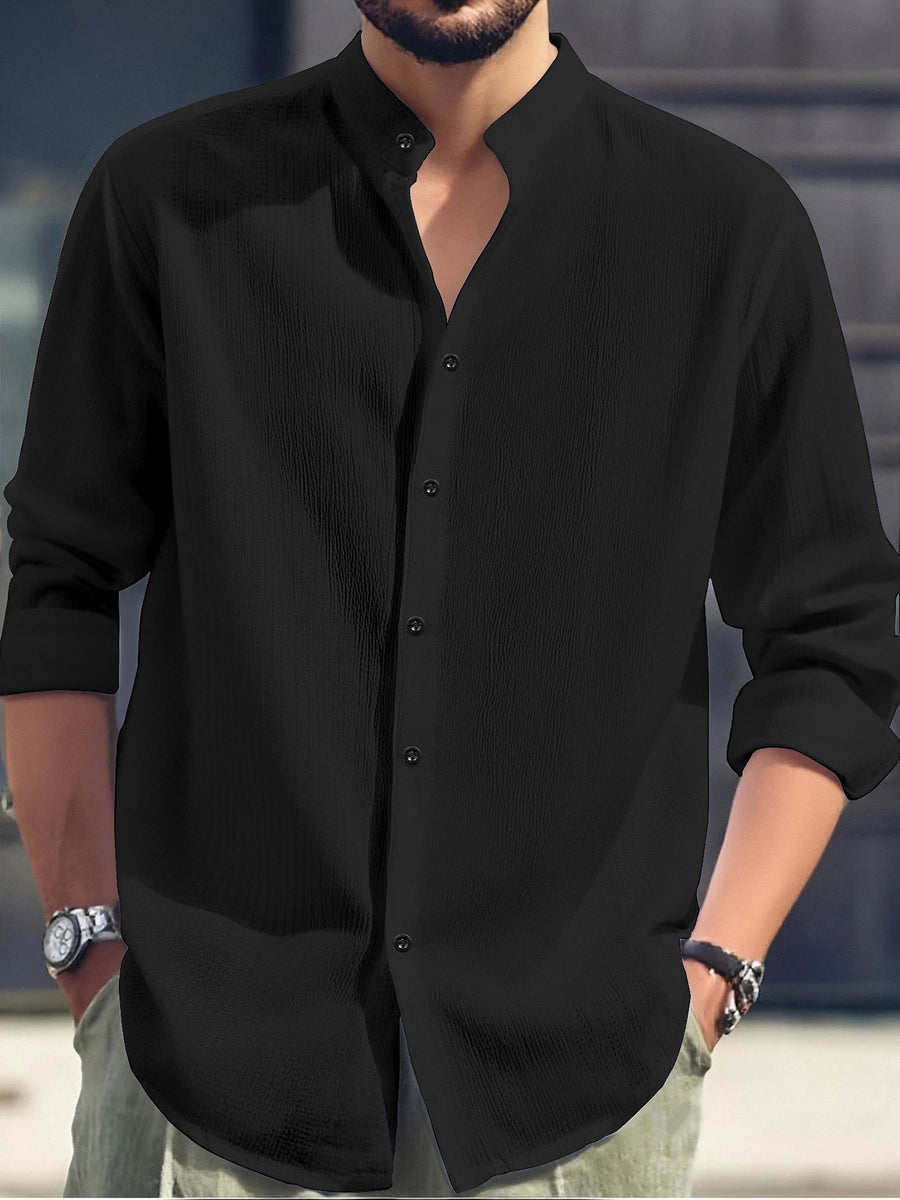 Men'S Fashion Casual Comfortable Long Sleeve Shirt - Lightweight Breathable Stand Collar Button-Up, Easy-Care Top, Machine Washable for Office And Casual Wear, Versatile Outfit for Events And Outings, Trendy Style Shirt - Black
