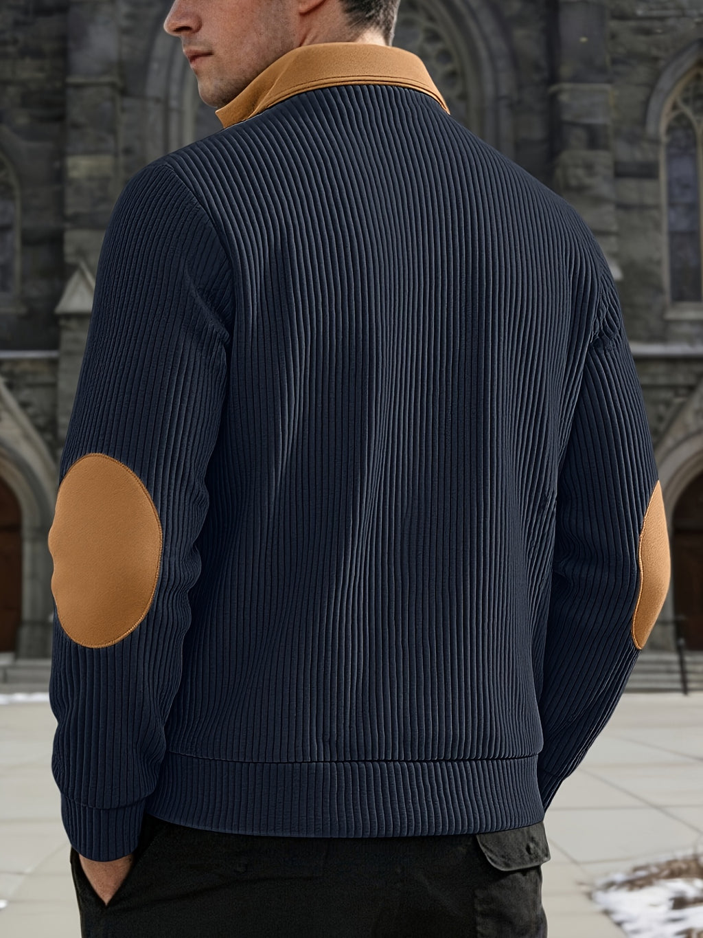 Light Luxury Color-Block Patchwork Half-Zip Lapel Sweater, Men'S Pinstripe Stretch Long Sleeve Casual Commuter Top - Navy Color