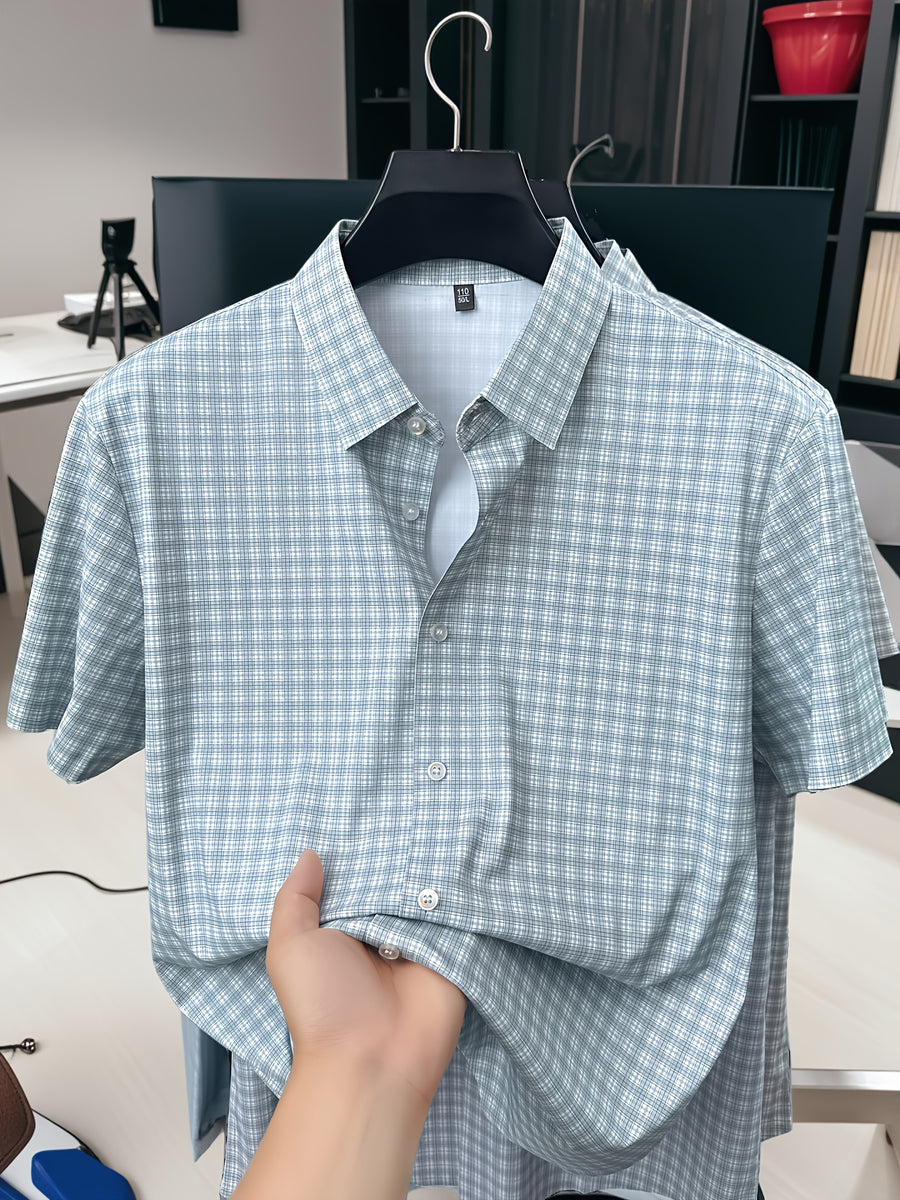 Summer Men's Ice Silky Fiber Fabric Short-Sleeve Shirt, Completely Seamless, Wrinkle-Free, Iron-Free, Business Casual, Cool, Wrinkle-Resistant, High-End and Elegant, Birthday Gift - Light Green