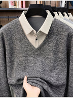 Men'S Autumn V-Neck Faux Two-Piece Pullover Sweater Top, Shirt Collar Patchwork Sweater, Casual Sportswear Top, Warm And Comfortable, Autumn Business Casual Daily Travel Commute Gift Choice, Knit - Ash