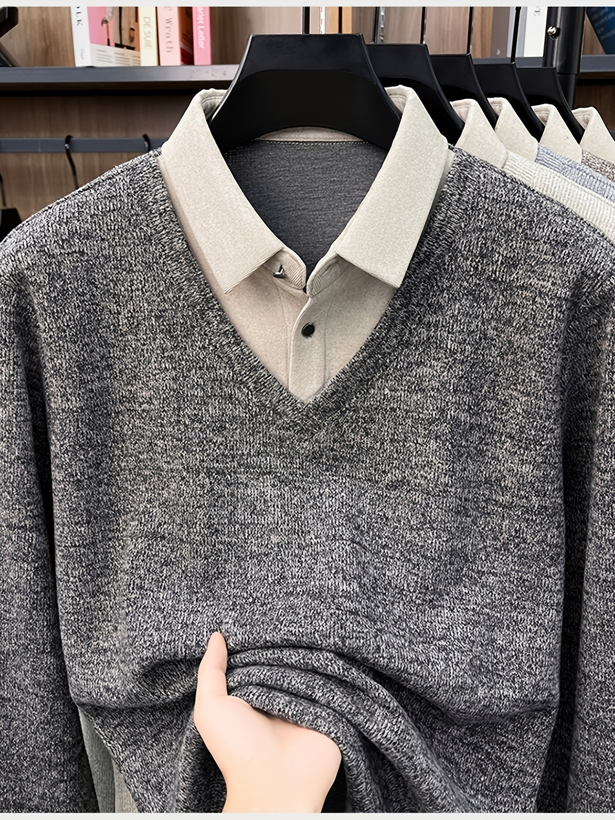 Men'S Autumn V-Neck Faux Two-Piece Pullover Sweater Top, Shirt Collar Patchwork Sweater, Casual Sportswear Top, Warm And Comfortable, Autumn Business Casual Daily Travel Commute Gift Choice, Knit - Ash