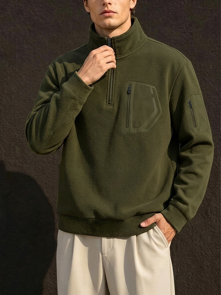 Men's Half-Zip Stand Collar Sweatshirt, Suitable for Daily Commuting, Urban Outings, Outdoor Walks, Short Hikes, Home Leisure, Etc., for Autumn and Winter - Green