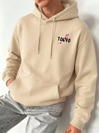 Men's Hooded Sweatshirt with Plum Blossom and Moon Pattern, Comfortable, Casual, Soft, and Breathable for Spring and Autumn Daily Wear - Apricot