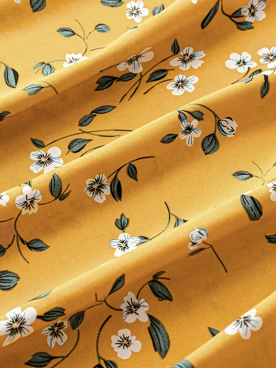 1pc Women'S Floral Print Elastic High-Waist A-Line Skirt - orange yellow