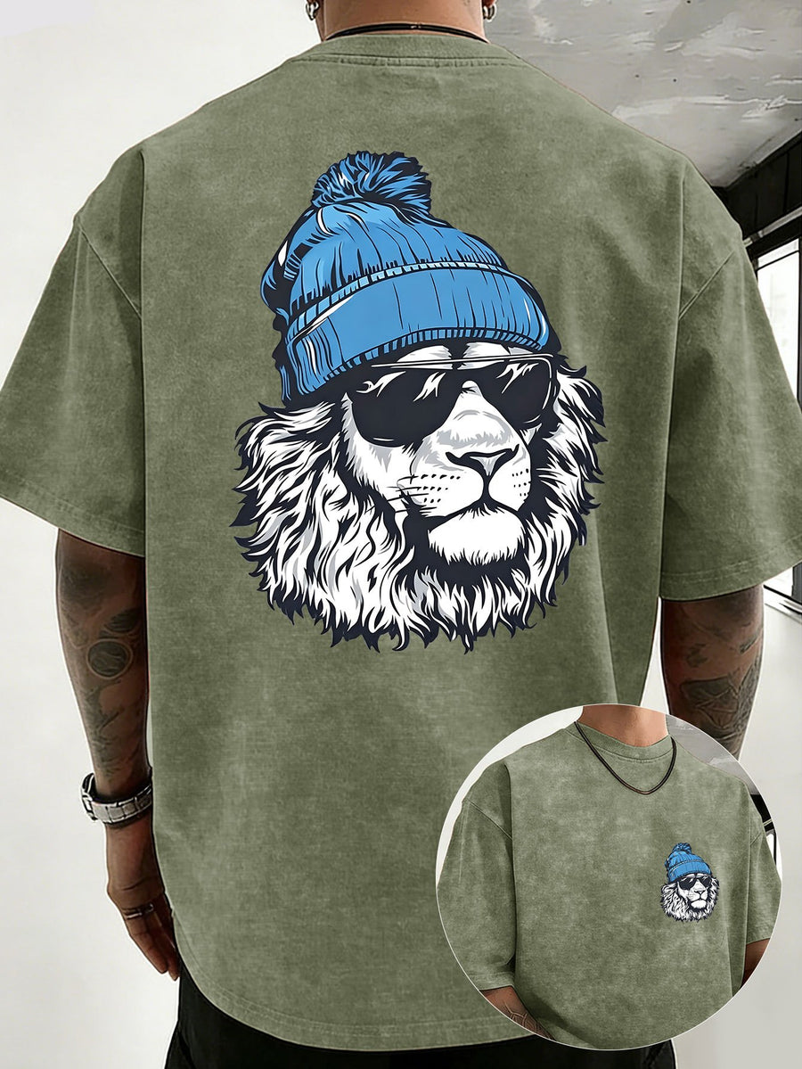 Men's Heavyweight Washed Distressed Loose-Fit Short-Sleeve T-Shirt with Reversible Print, Available in 12 Colors for Mix & Match, National Trend Y2K Style for Daily Commuting, Sports, Fitness, Couples, Streetwear, and Outings - Olive Green