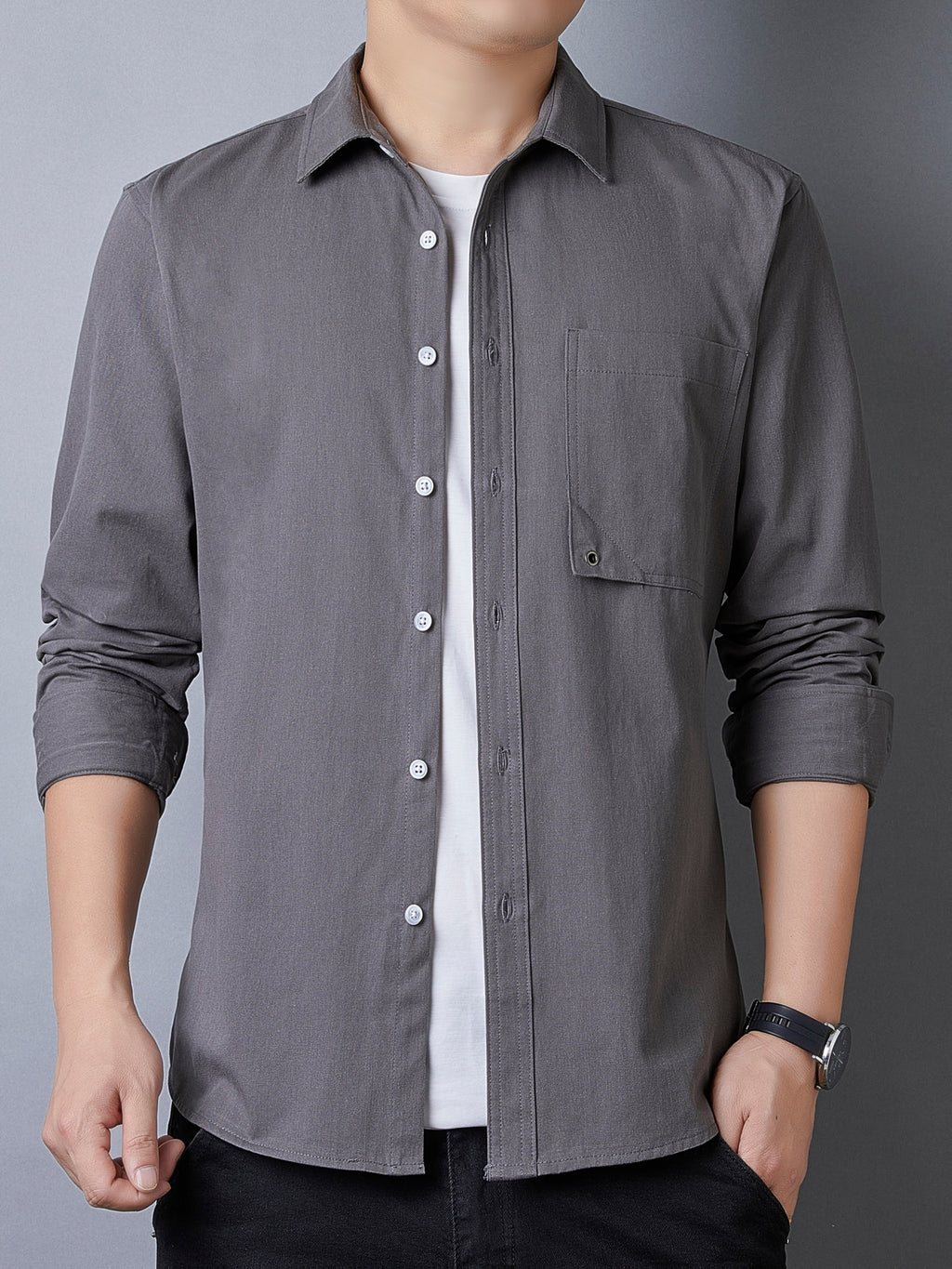 Men's Casual Pure Cotton Long-Sleeve Shirt for Spring and Autumn, Solid Color Simple Lapel Single-Pocket Shirt for Daily Commuting, Work, and Dating, Men's Top - Dark Gray