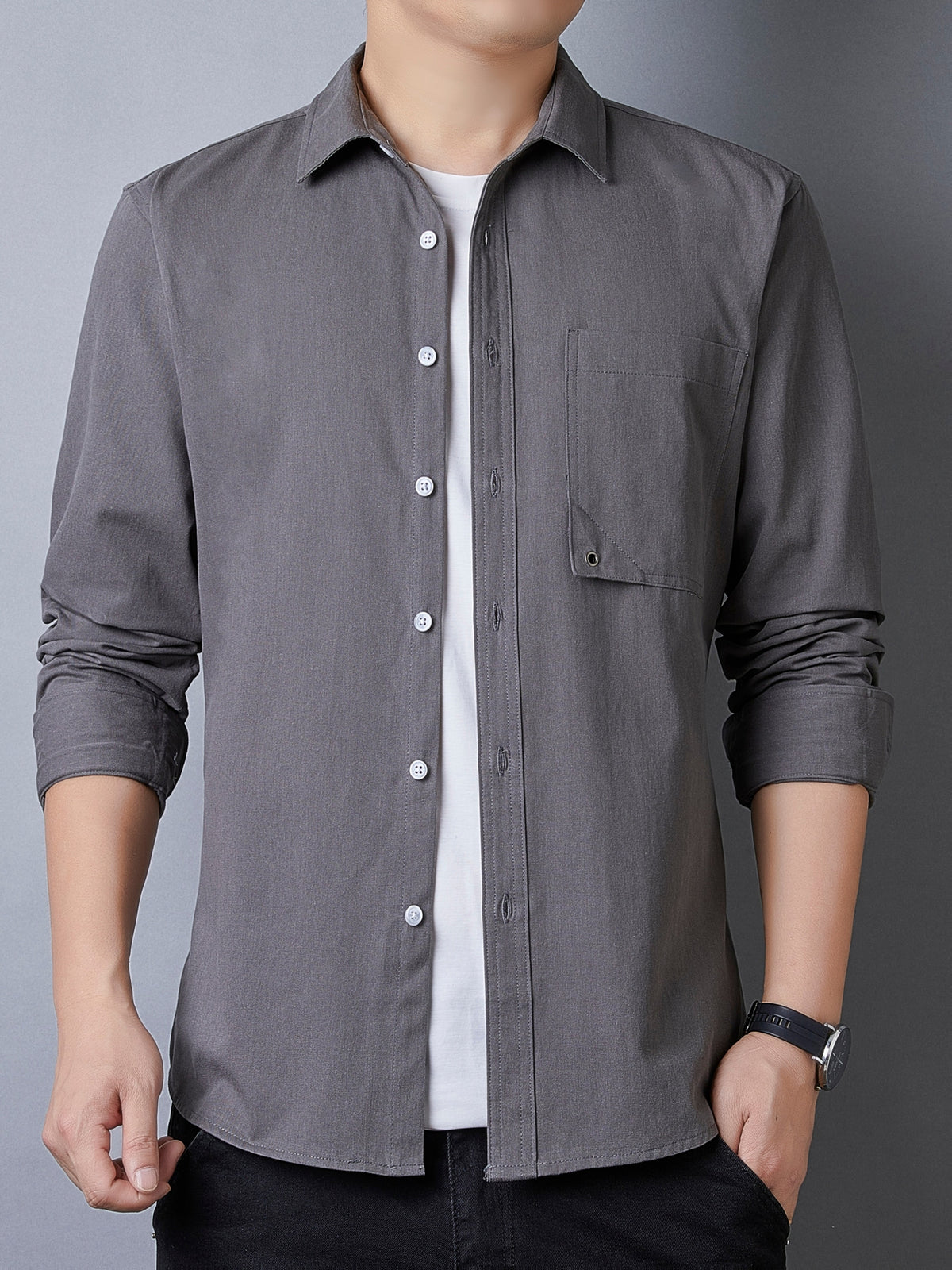 Men's Casual Pure Cotton Long-Sleeve Shirt for Spring and Autumn, Solid Color Simple Lapel Single-Pocket Shirt for Daily Commuting, Work, and Dating, Men's Top - Dark Gray
