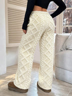 Autumn/Winter Women's -Lined Thickened Warm Casual Pants, Jacquard Fabric, Drawstring Waist, Suitable for Winter Home and Outdoor Leisure Wear - Off-white
