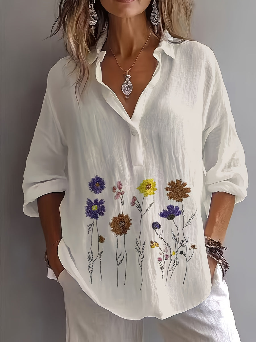 Vintage Floral Print Blouse Women'S Loose Lapel Drop Shoulder Long Sleeve Shirt Lightweight Soft Vacation Commute Versatile Casual Shirt - White