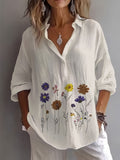Vintage Floral Print Blouse Women'S Loose Lapel Drop Shoulder Long Sleeve Shirt Lightweight Soft Vacation Commute Versatile Casual Shirt - White