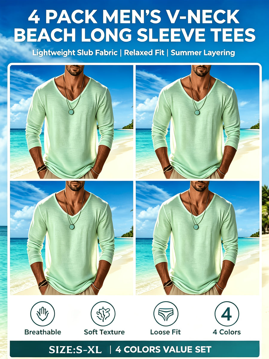 4pcs Set Men's Spring/autumn High-stretch Slim-fit Lightweight Comfortable Breathable Solid Color Long-sleeve Vacation-style Top - Green 4