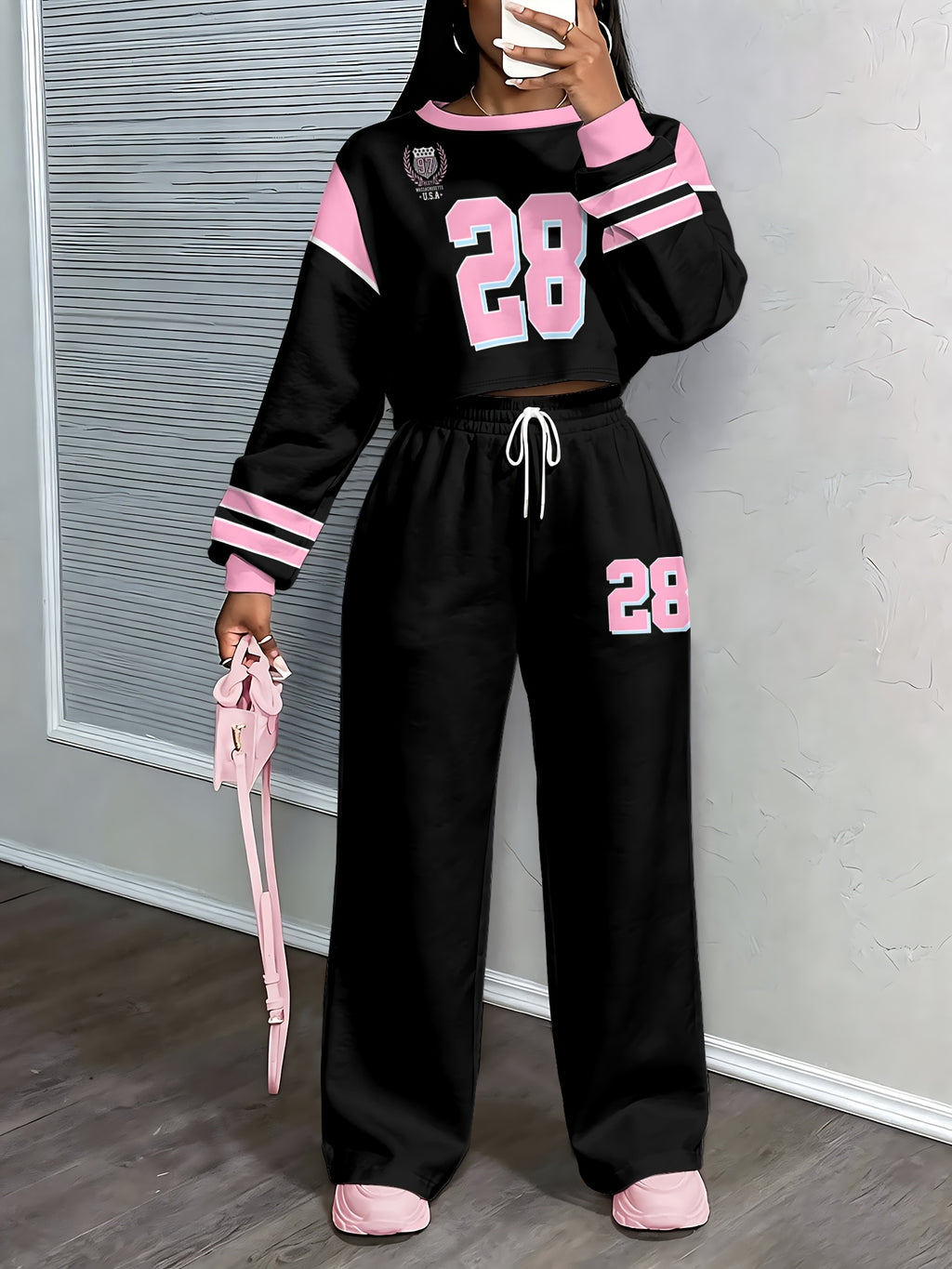 Drop-shoulder High-waist Sweatshirt and Wide-leg Pants 2pcs Digital Print Tracksuit Set - Mixed colors