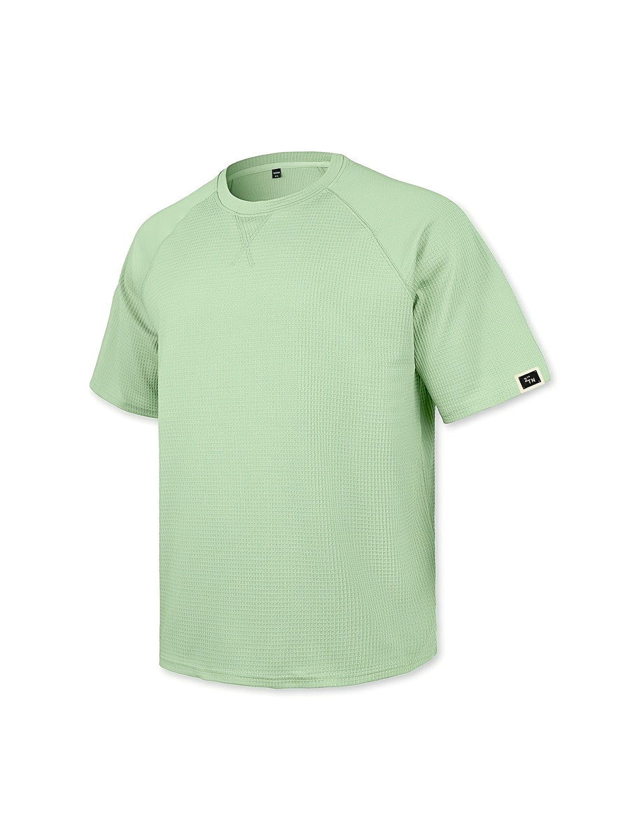 Men'S Waffle Knit Crew Neck T-Shirt, Lightweight And Breathable Short Sleeve Casual Tee with Premium Fashion Handcrafted Labeling. Comfortable Loose-Fit Summer Top Perfect for Daily Wear, Street Style, Vacations, Travel, Outdoor Activities - Light Green