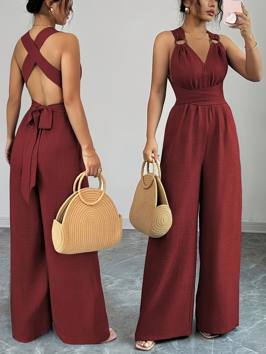 V-neck Women's Jumpsuit with Crisscross Waist Ties, Slit Back, and Wide-leg Straight-cut Pants - Burgundy