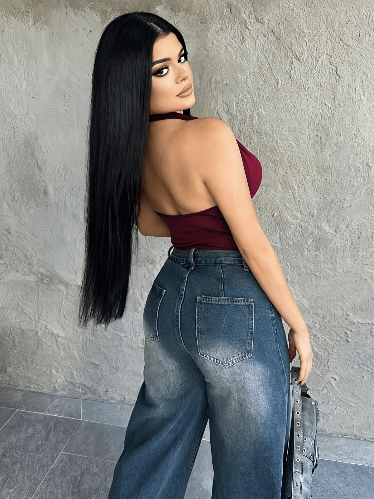 Women'S Slim Fit Fashion Backless Halter Top - Burgundy