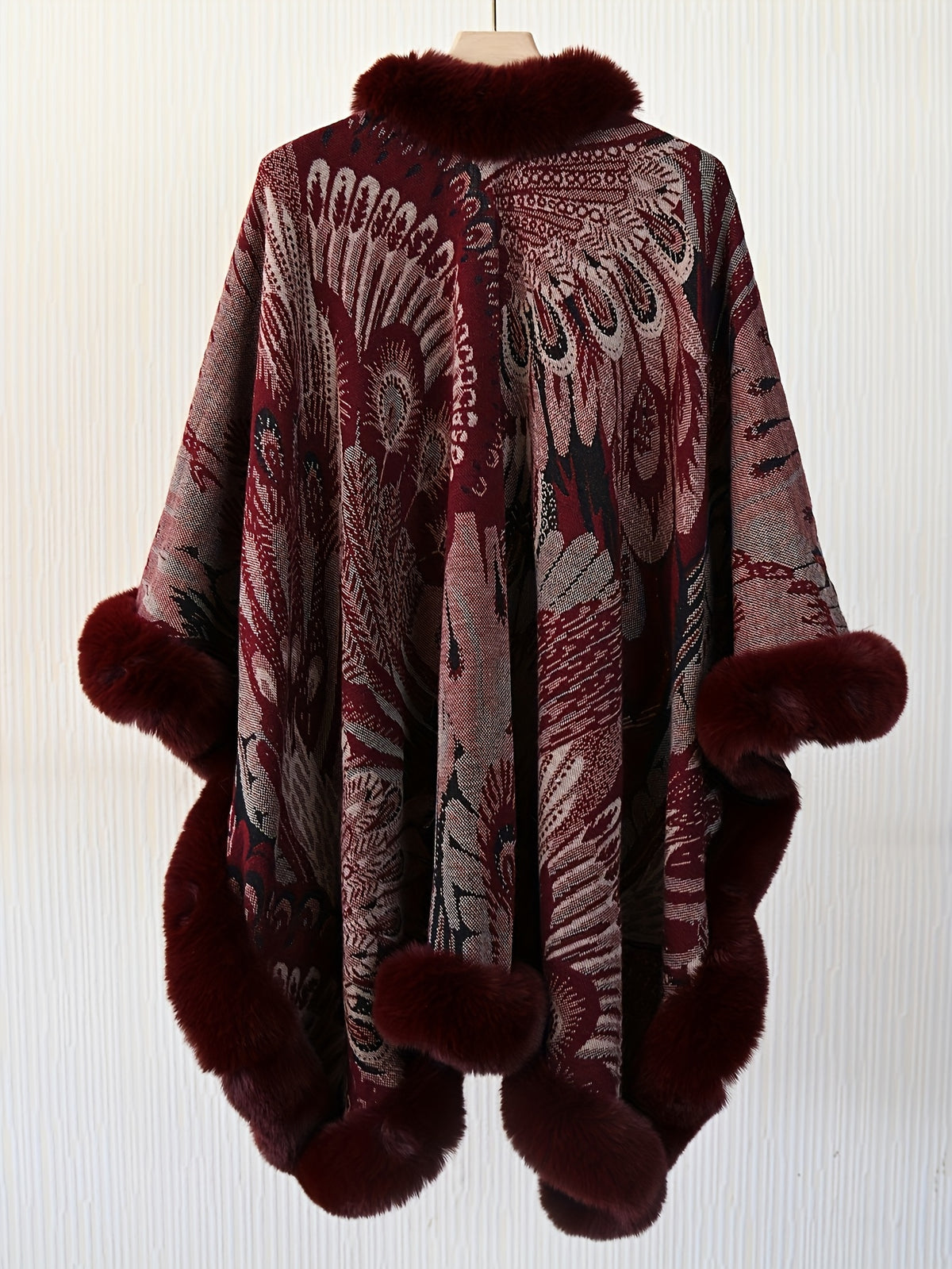 Women's Faux Trim Cape Shawl, Pea Rooster Pattern Acrylic Poncho Wrap, Open Front Sleeveless Fall Winter Outerwear - Burgundy
