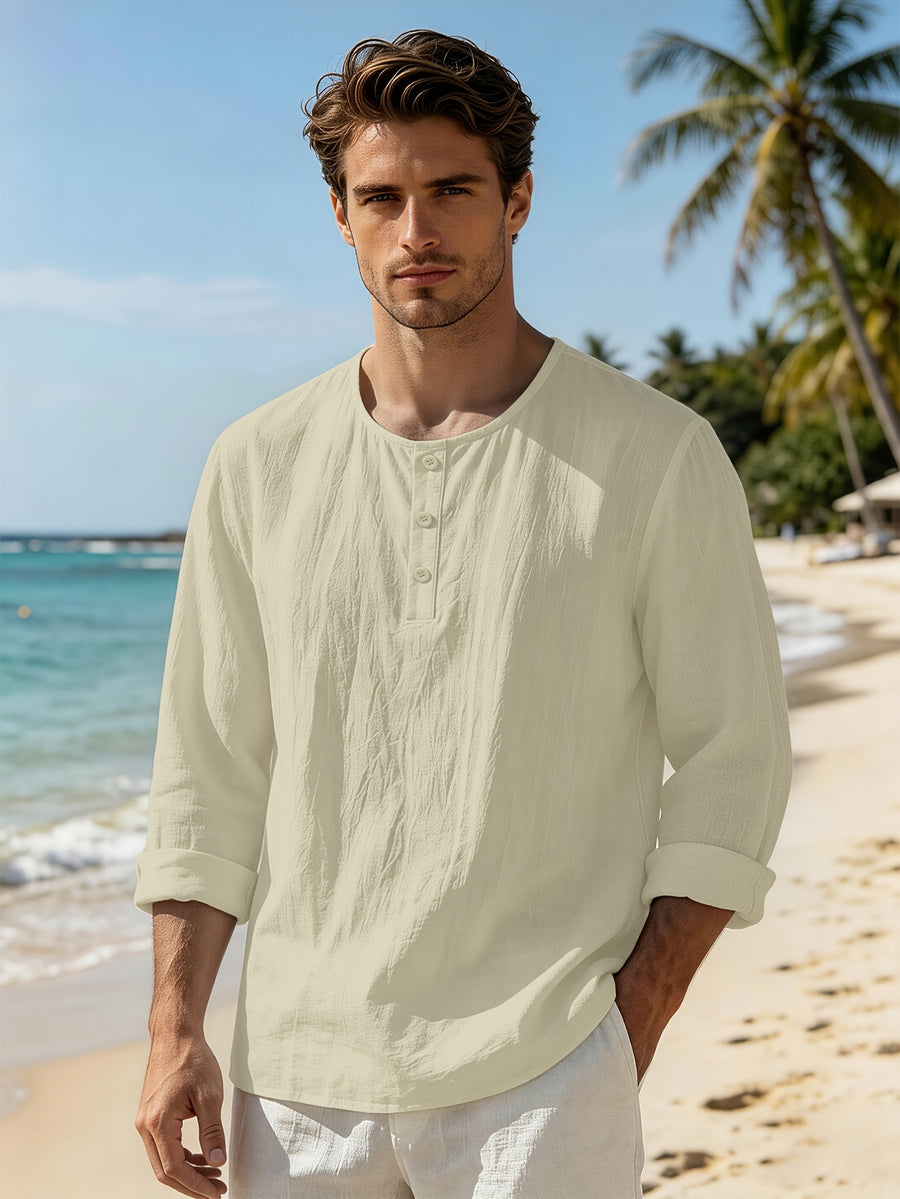 Men's Linen Henley Collar Long Sleeve Loose Fit Casual Vacation Top - Khaki