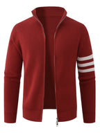 Autumn/Winter New Arrival Half-Turtleneck Striped Knit Cardigan Sweater for Men, Relaxed Style Pullover Jacket Top - Burgundy