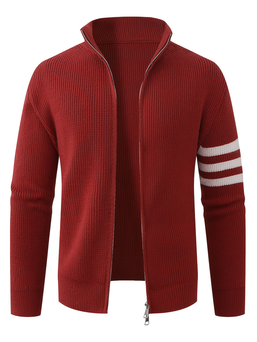 Autumn/Winter New Arrival Half-Turtleneck Striped Knit Cardigan Sweater for Men, Relaxed Style Pullover Jacket Top - Burgundy