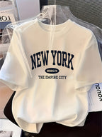 Retro New York Letter Print Crew Neck T-Shirt, Casual Comfy Short Sleeve Tops, Fashion Summer Streetwear for Men Women - White