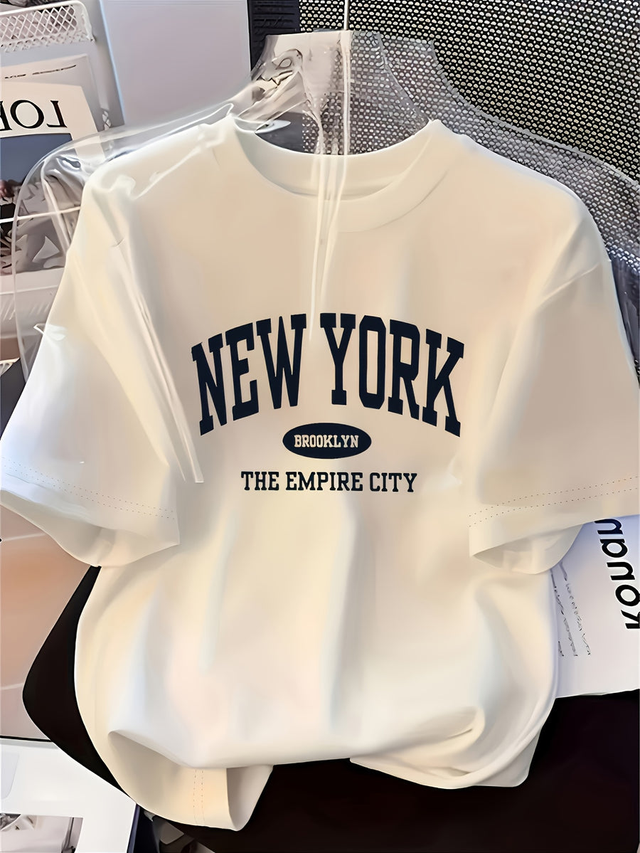 Retro New York Letter Print Crew Neck T-Shirt, Casual Comfy Short Sleeve Tops, Fashion Summer Streetwear for Men Women - White