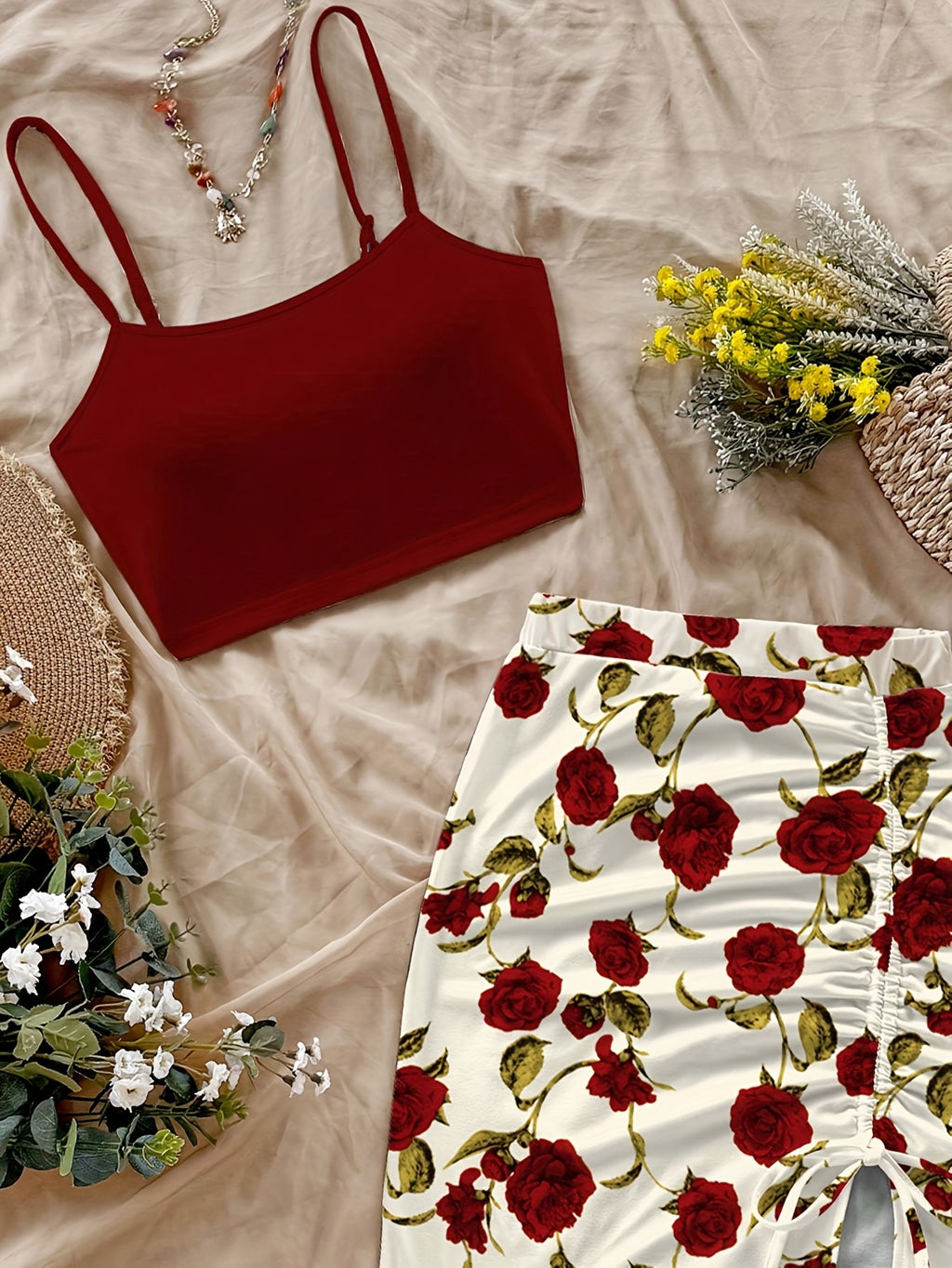 Women'S Fashion Floral Print Short Bodycon Dress, Casual Vacation Camisole Set for Women - Burgundy