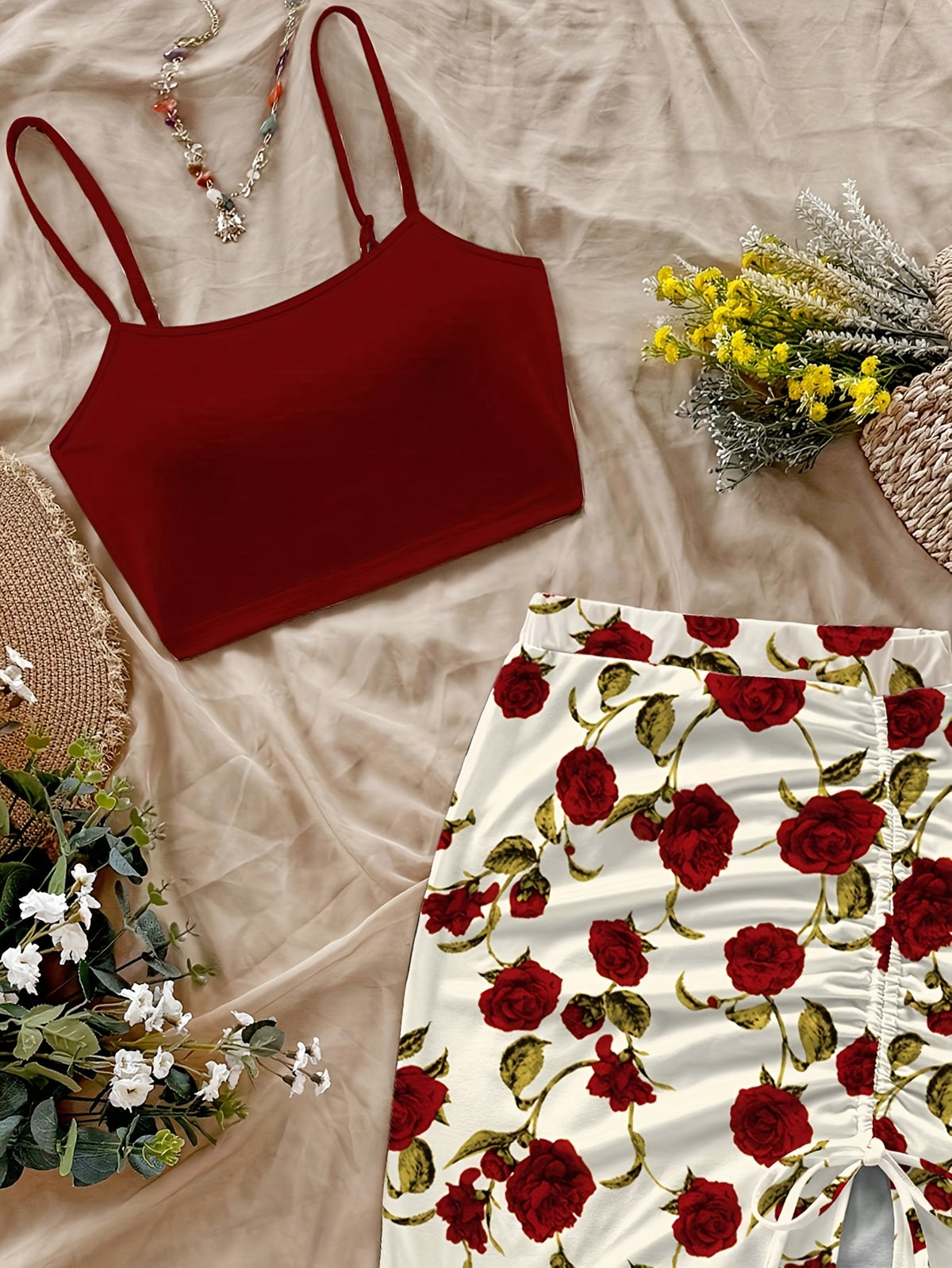 Women'S Fashion Floral Print Short Bodycon Dress, Casual Vacation Camisole Set for Women - Burgundy
