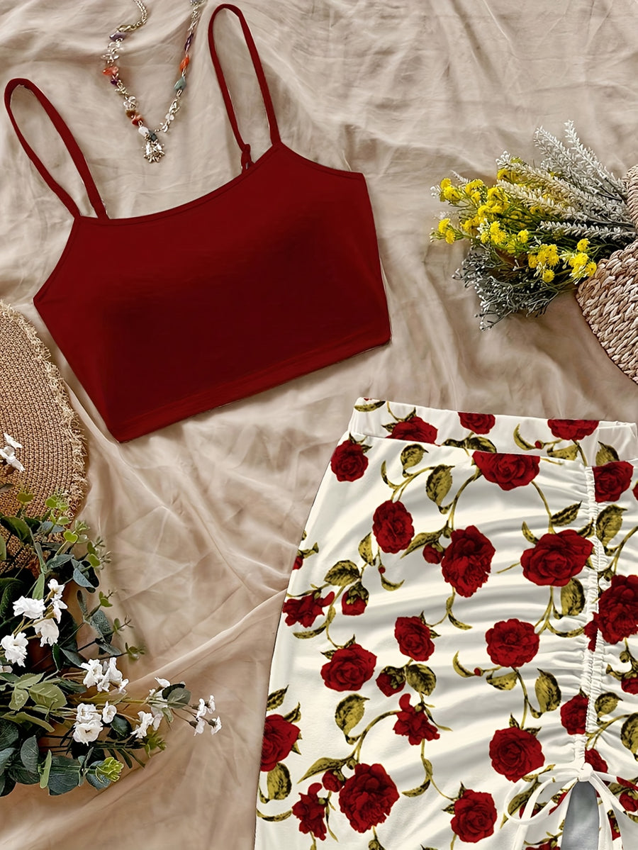 Women'S Fashion Floral Print Short Bodycon Dress, Casual Vacation Camisole Set for Women - Burgundy