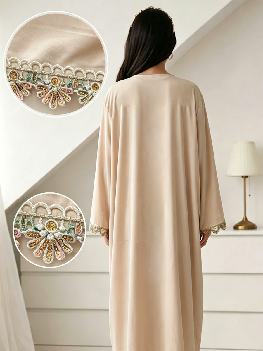 1pc Women's Elegant Modest Abaya Robe - Open Front Islamic Dress with Rhinestone Trim, Wide Flare Maxi Outerwear Suitable for Muslim Dress, Hajj, Ramadan, Dubai Arabic Robe Coat - Apricot