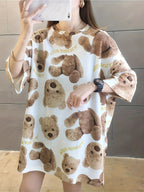 Summer New Large Size Loose Fashion Trend Thin Cartoon Round Neck Print Medium Long Short Sleeve T-Shirt - White