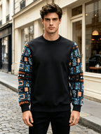 Men's Autumn/Winter Crew Neck Plush Sweatshirt, Featuring a Vintage Jacquard Plush Sleeve with Color Block Patchwork Pattern and Solid Color Design, Made from Wrinkle-resistant Soft Knitted Fabric. It Is Highly Practical and Suitable for Students' - Black