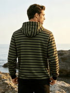 Autumn/Winter 2026 New Arrival Men's Casual Loose Striped Minimalist Trendy Color-Block Henry Hooded Sweatshirt - Military Green