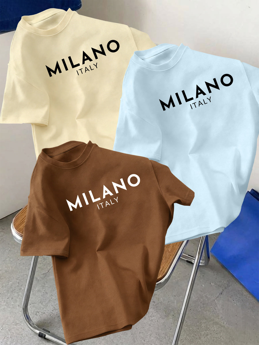3pcs Set Men's Pure Cotton Short-Sleeve Crew Neck T-Shirt with Milan, Italy Pattern, Suitable for Daily Casual Wear, Comfortable, Soft, Breathable, Summer Essential - Coffee Brown + Light Blue + Apricot