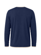Men'S Retro Color-Block Casual Henley Long Sleeve, Spring Summer Autumn Regular Fit Fashionable Versatile T-Shirt, Solid Color, Knit Fabric, Breathable Comfortable Henley Long Sleeve, Half-Button Round Neck Design, Multiple Colors Available - Navy Color