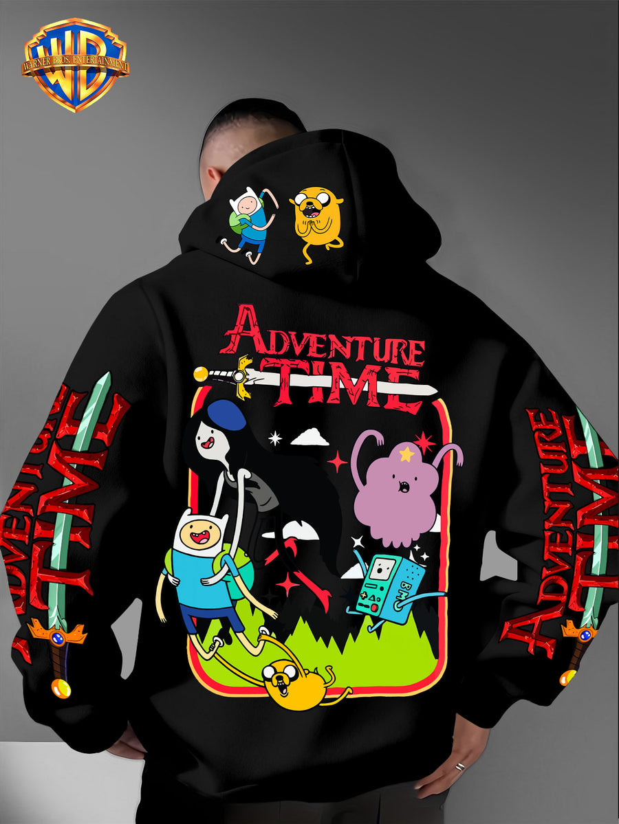 Warner Bros. Adventure Time Large Back Print, Hooded Sweatshirt with Hat Design Pattern, Multifunctional Street Style Men's Hoodie, Comfortable and Casual, Suitable for Autumn and Winter Wear - Black