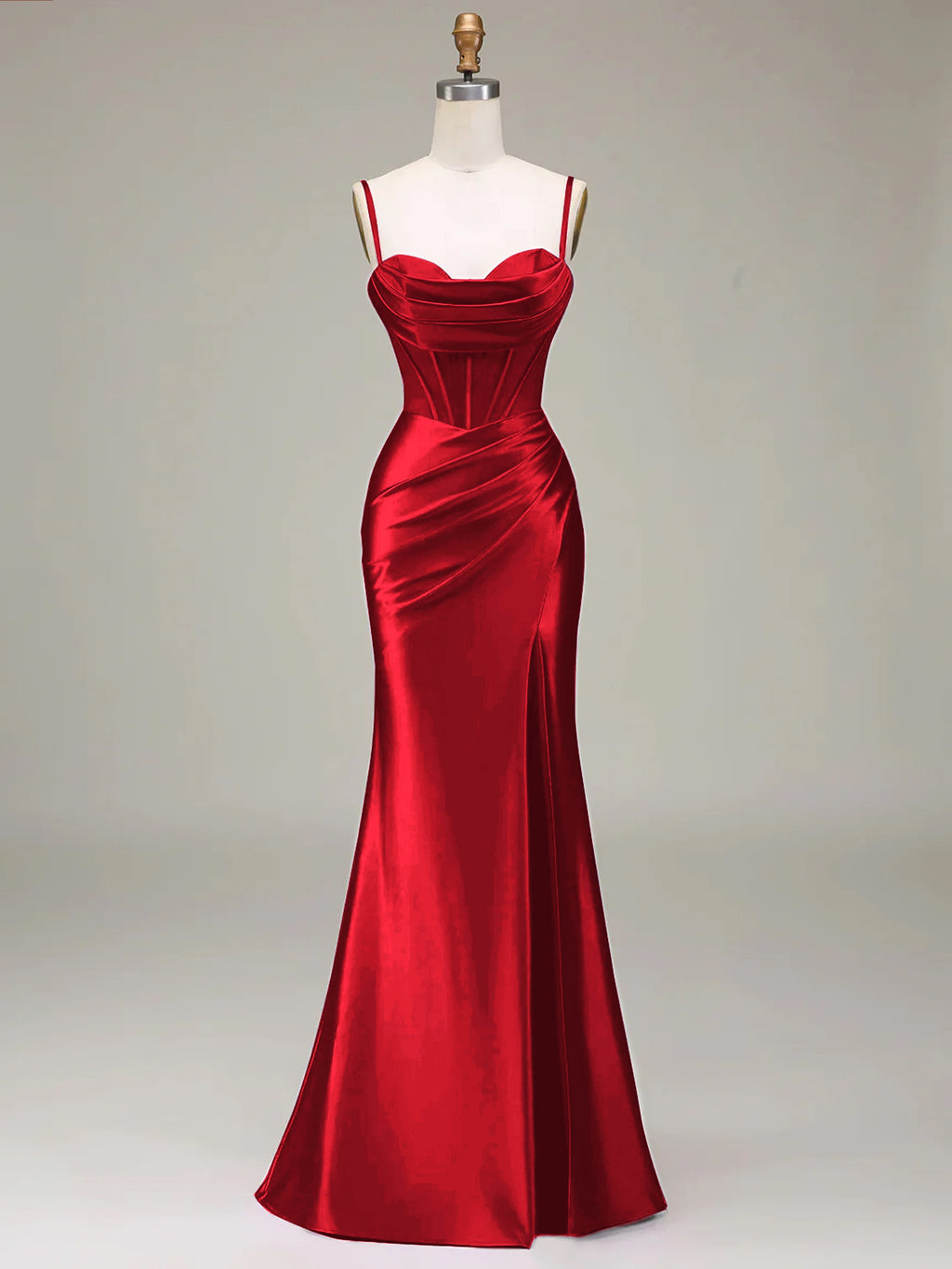 Women's Solid Color Satin Slip Dress with High Slit, Back Tie Waist, Cinched Fit, Pleated Details, and Hip-Hugging Design, Elegant for New Year's, Valentine's Day, Parties, Graduations, Weddings, and Bridesmaid Attire - Red