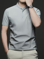 Maqiqi OBM Men's Chinese Style Henley Shirt - Breathable Short-Sleeve -Front Collar Polo, Half-Open Placket Stand Collar Tunic for Business Casual Wear, Layering Base Layer Top Suitable for Office, Golf, Running Gift - Grey