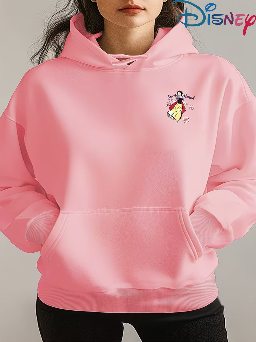 Genuine Women'S Summer Clothing, Snow White Wedding Theme Cartoon Pattern with Flowers And Text Decoration, Autumn Winter Fashion Fleece-Lined Hooded Sweatshirt, Women'S Printed Casual Elegant Top, Cute Top - Pink Color