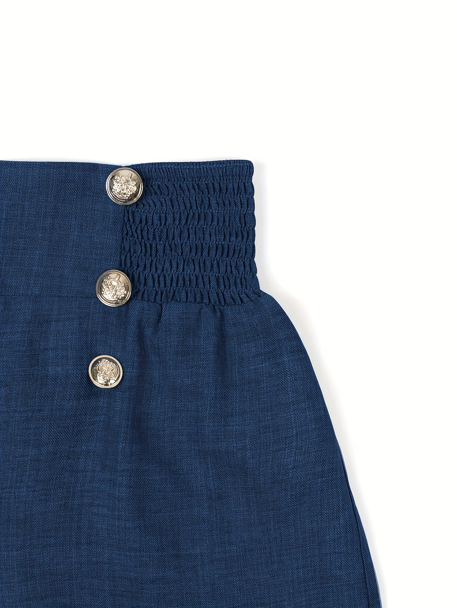 Women'S Solid Color Wide Leg Pants with Decorative Buttons - Casual Loose Fit, Perfect for Spring/Summer Outfits - Navy Color