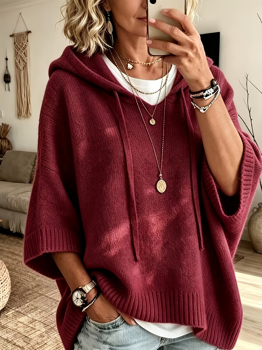 Women's Elegant Casual Three-Quarter Sleeve Drawstring Hooded Sweatshirt - Burgundy