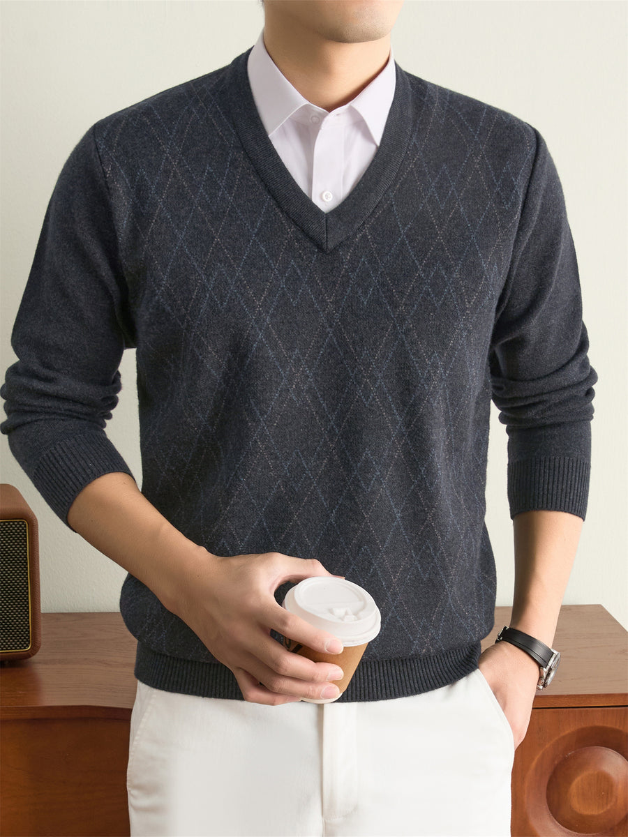 Men's Solid Color V-Neck Sweater - Warm Winter Knit Pullover with V-Neck Collar, Basic Long-Sleeve Knitwear Suitable for Fall and Winter, Casual Office Wear, Hand Washable Regular Fit Sweater for Layering - Deep Gray
