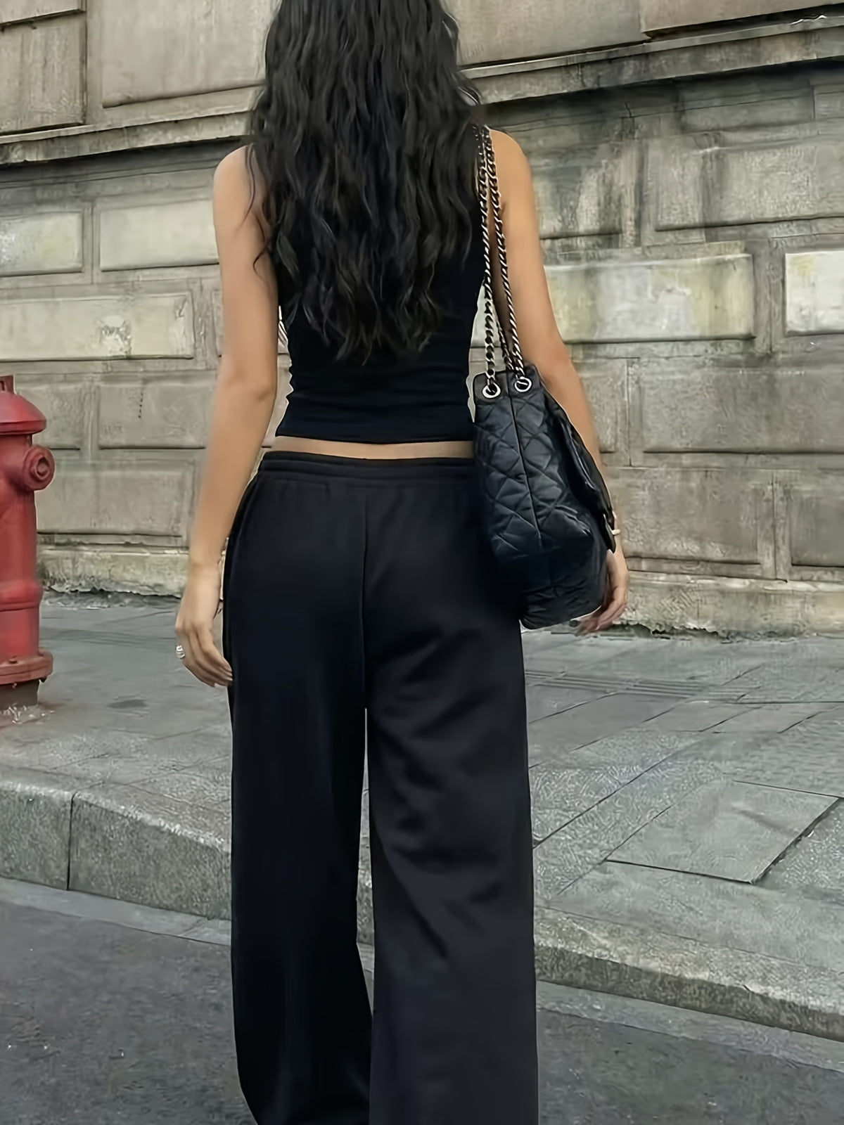 Western Street Style Black Sleeveless Vest Wide-Leg Pants Two-Piece Set Women'S Summer Casual Athletic Outfit Loose High-Waist Long Pants Set - Mixed colors