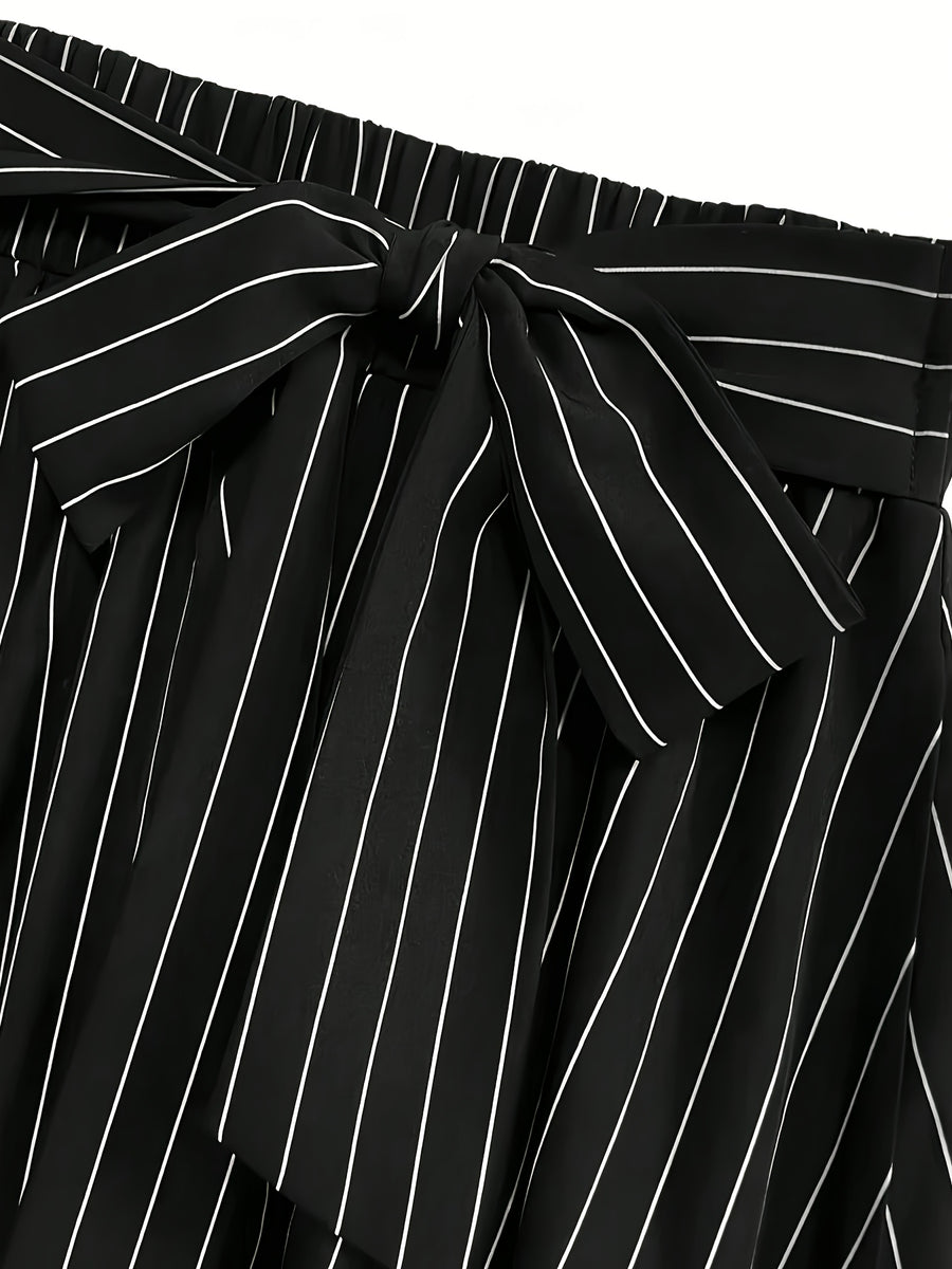 Women's High-waist Striped Bow Elegant Dress, Suitable for Vacations, Parties, Birthdays, Wedding Guests, Easter, Carnivals, Christmas, Holiday Celebrations, Casual Wear, Commuting, and Social Occasions - Black