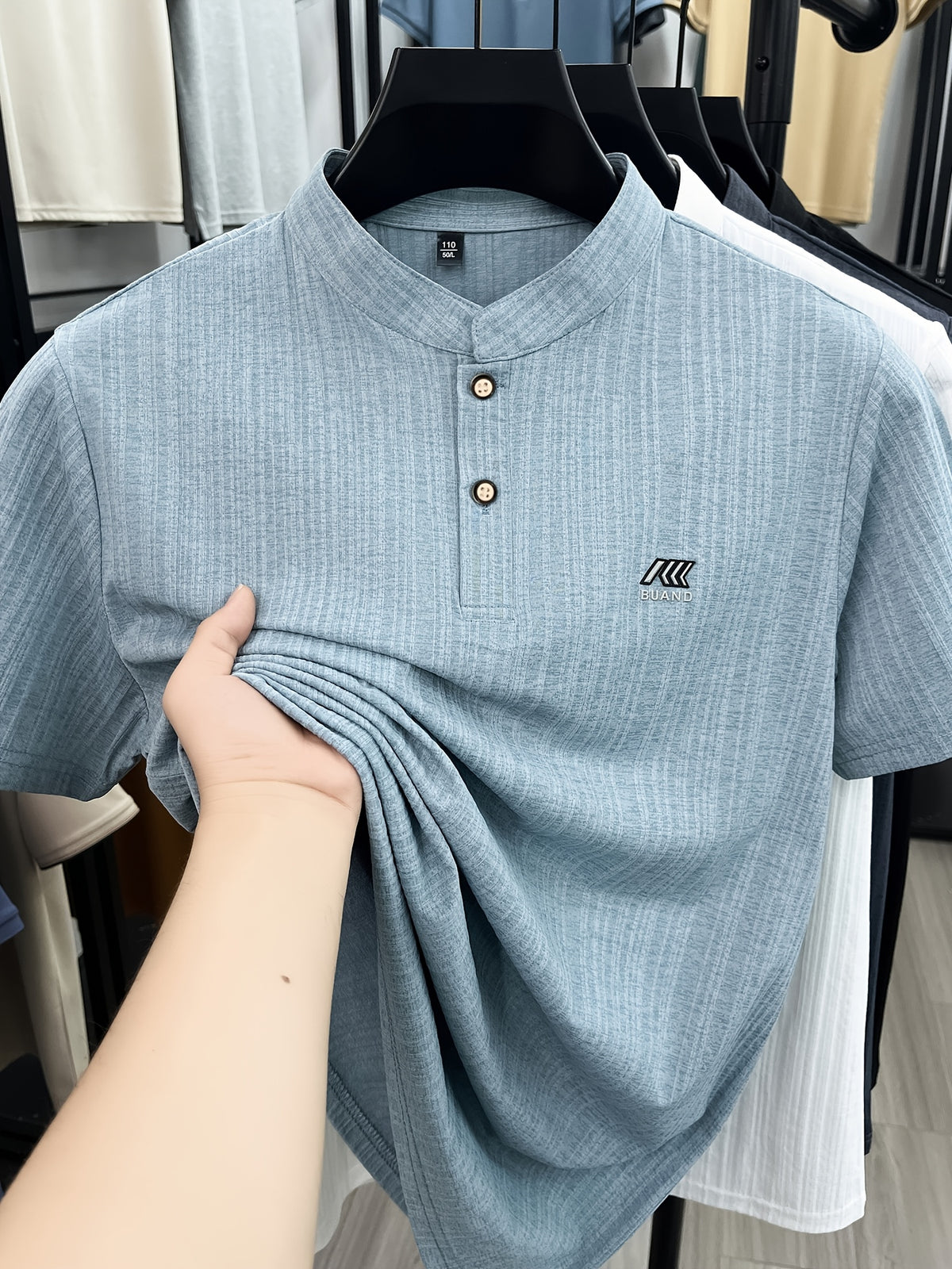 [Slight Stretch | Size up for Loose Fit] New Spring/Summer Men's Henry Shirt, Solid Color Half-Open Placket Single-Breasted Stand Collar Short Sleeve T-Shirt, Men's Business Casual Fashionable Breathable Versatile Polo Shirt, Chest Print Basic Tee - Light Blue