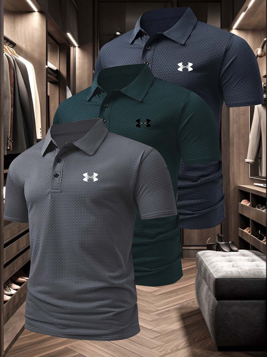 GS1080 Men's "C" Letter Print Breathable Summer Refreshing Quick-Dry Lapel Multi-pc 3pcs Polo Shirt, Men's Short-Sleeve T-Shirt, Men's Apparel Top for Golf, Fishing, Basketball, Camping, Beach - Charcoal-Green-Navy