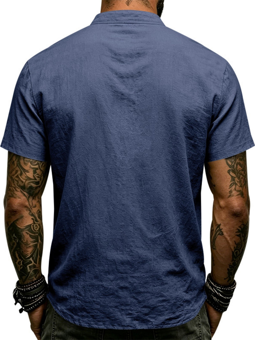 Men's Vintage Medieval Henley Shirt - Short Sleeve Mandarin Collar Cross Drawstring Blouse | Loose Fit Linen Look Top | Suitable for Casual Vacation, Outdoor & Casual Attire, Multi-Color Options - Navy Blue