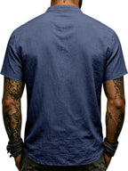 Men's Vintage Medieval Henley Shirt - Short Sleeve Mandarin Collar Cross Drawstring Blouse | Loose Fit Linen Look Top | Suitable for Casual Vacation, Outdoor & Casual Attire, Multi-Color Options - Navy Blue